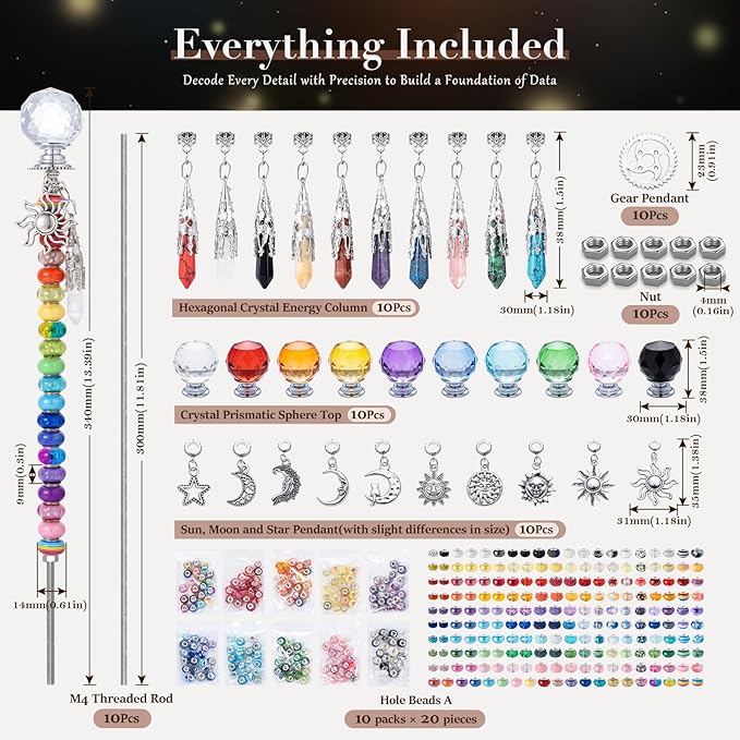 DIY Beaded Garden Stakes, Fairy Wand Garden Stake Decorative Kit with Healing Crystal Pendant, Sun Wheel Accessories,12 in Rod, Crystal Top, Large Holes Bead for Holidays Outdoor&Indoor Decorative