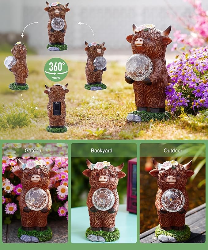 Solar Highland Cow Outdoor Decor:Garden Statue Sculpture Lamp with Ball for Yard Lawn Balcony Patio Porch- Birthday Gifts for Mom Women Grandma(Brown)