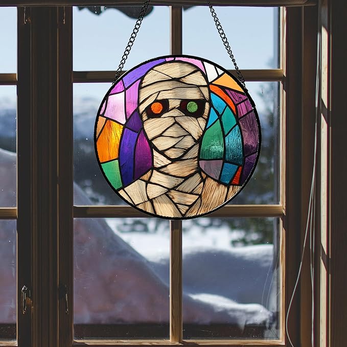 Stained Glass Window Hanging Halloween Abstract Colorful Mummy 9.8" - Suncatcher Door Garden Sun Catcher Gothic Decor Birthday Horror Funny Gift for Mom Woman Nana Friend Men