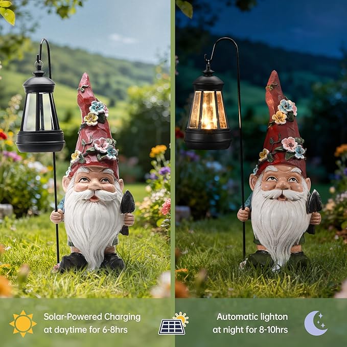 Outdoor Garden Gnome Statue with Solar Light – Outdoor Resin Decor Weatherproof Yard Lawn Ornament with LED Lantern Light Figurine for Patio, Porch, Landscape Housewarming