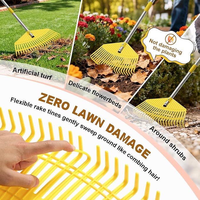 Garden Rake for Leaves - Extra Wide 17" Leaf Rake,Lightweight Long Handle for Women Seniors Kids Effortless Clean-Up,23 Non-Clog Flexible Tines for Lawn-Friendly,65” Adjustable Plastic Rakes for Yard
