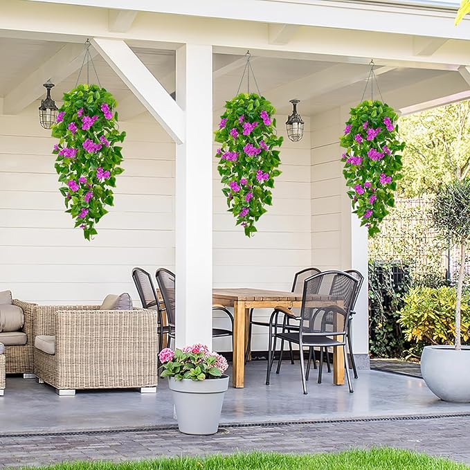 BLEUM CADE Artificial Hanging Flowers for Outdoors, 2pcs Fake Hanging Plants Pothos Vines with Purple Flowers for Wall Home Living Room Indoor Outdoor Decor (No Baskets)