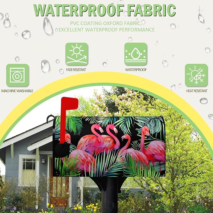 Flamingos Mailbox Cover Magnetic Summer Tropical Palm Waterproof Mailbox Wraps Pink Birds Green Leaf Post Letter Mail Box Standard Size 21x18 Inch for Garden Yard Decor Outdoor
