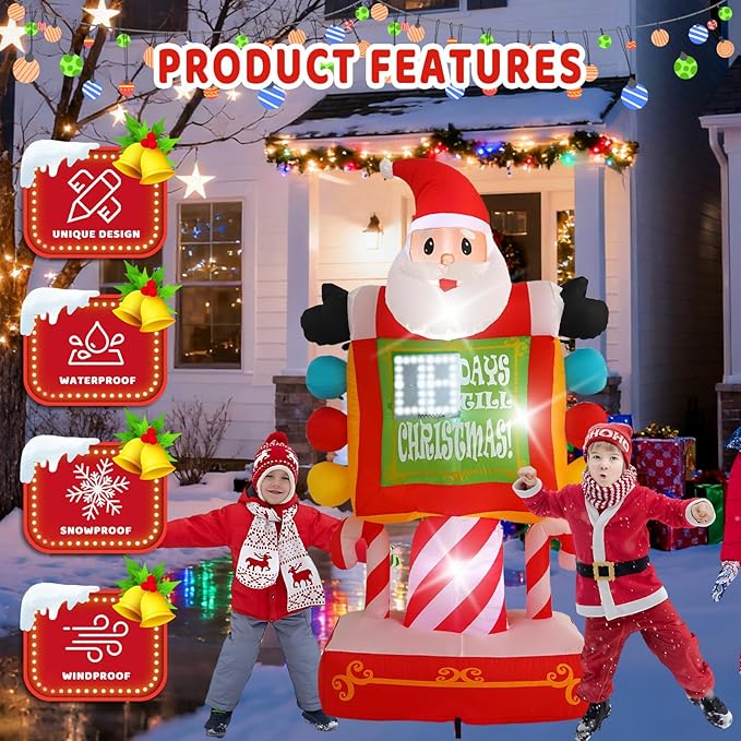 7FT Santa Claus Countdown Sign with Built-in LED Lights, Suitable for Christmas Lawns, Gardens, and Courtyards Outdoor Inflatable Decorations