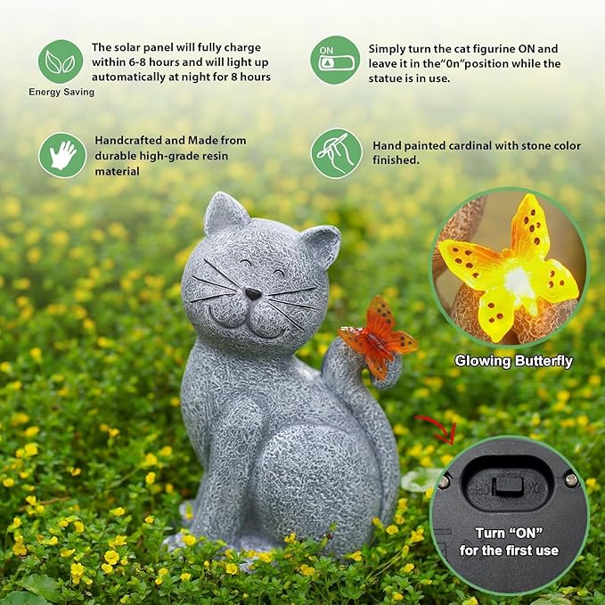 Garden Decor Cat Statues: Outdoor Sculptures with Glowing Butterfly for Lawn Ornaments Yard Art Porch Patio Balcony - Gifts for Mom Grandma Women