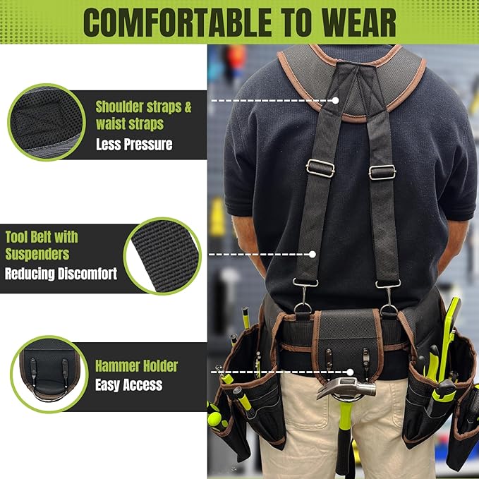 Tool Belt, Tool Belts for Men, 32 to 66 Inches Adjustable Waist, Electrician and Carpenter Tool Belt with Suspenders for Construction and Gardening, Black and Brown