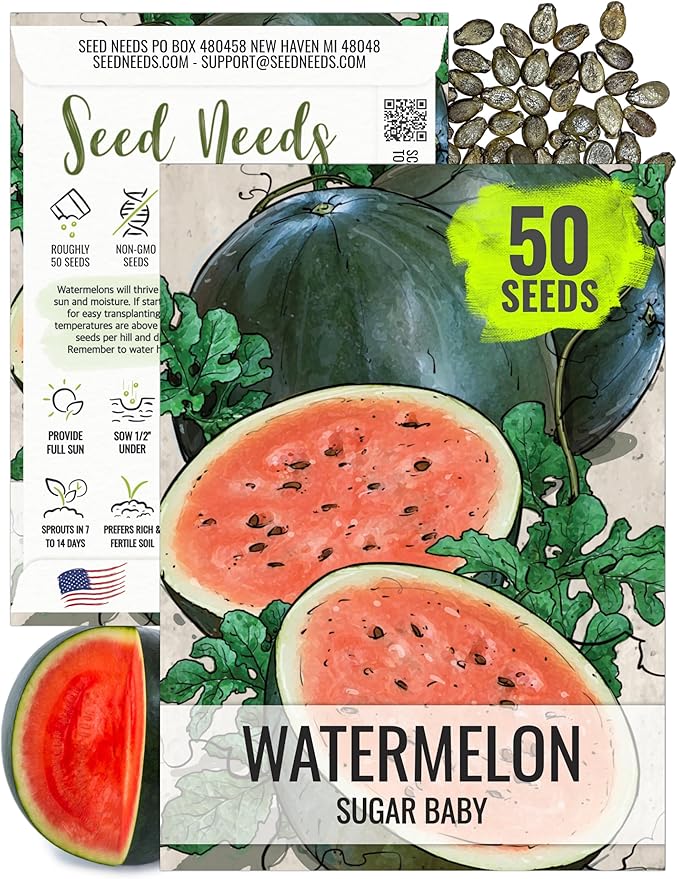 Seed Needs Watermelon Seeds for Planting Sugar Baby Watermelons - Non-GMO Heirloom & Untreated - Grow an Outdoor Home Grown Garden Filled with Sweet Fruits (1 Pack)