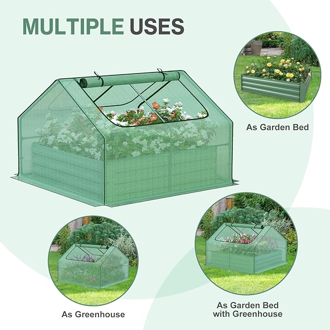 Aoodor 4 x 4 x 1 ft Galvanized Raised Garden Bed, Mini Greenhouse Kit with 2 Roll-up Zipper Doors for Vegetables, Flowers, and Herbs,Green