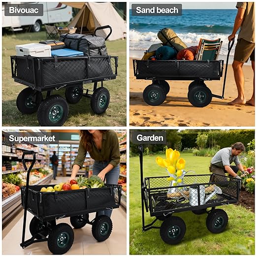 Elevon Heavy Duty Utility Wagon Cart, Black with Removable Mesh Sides, 400 LBS Capacity for Home Improvement, Hauling Supplies & Outdoor Use