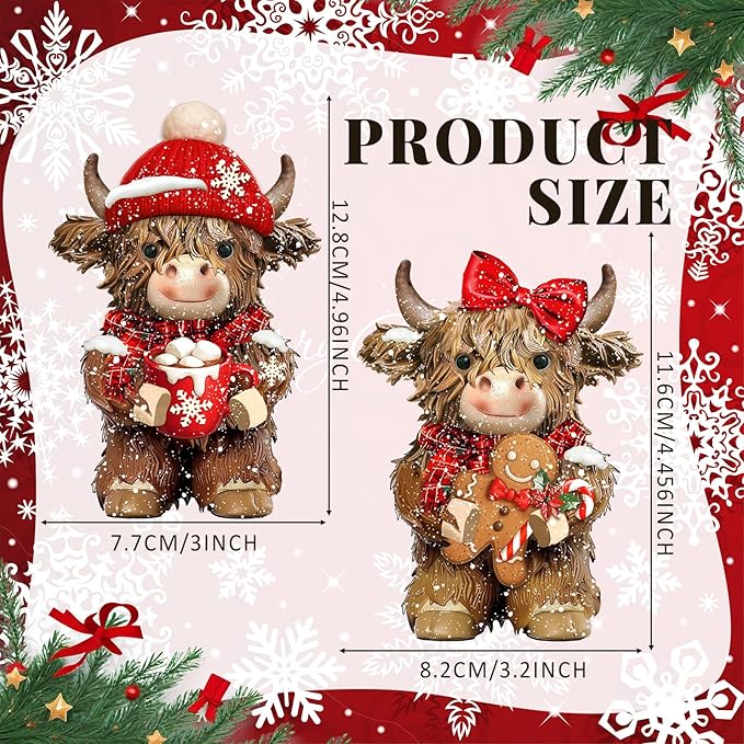 2 Pcs Christmas Highland Cow Figurines Decor Cow Gnomes with Santa Hat Christmas Resin Statue Calf Lovers Gifts for Farmhouse Home Garden Bathroom Kitchen Office Tiered Tray Table Decor