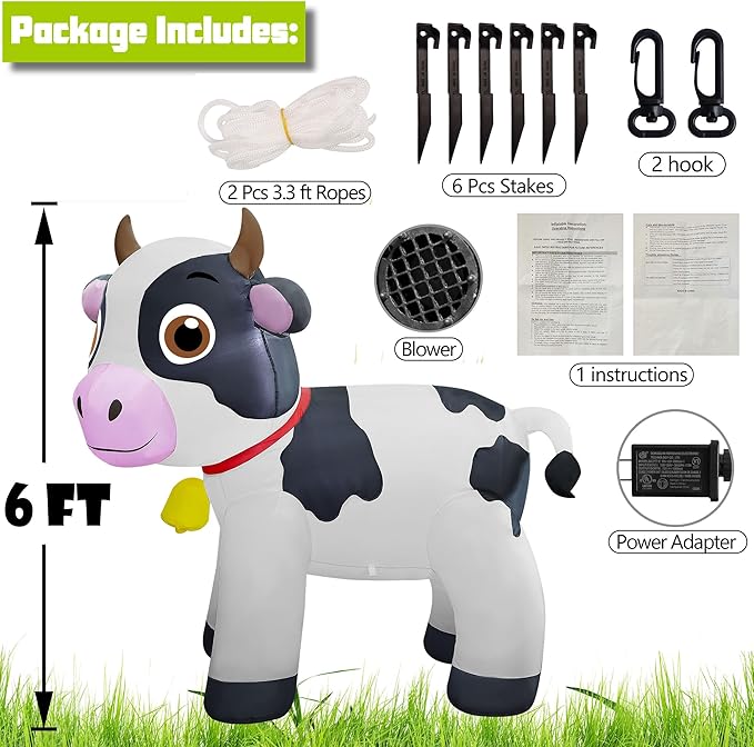 Lulu Home 6FT Christmas Inflatable Cow Decoration, Giant Blow Up Dairy Cattle with Built-in LED Lights, Air-Blown Animal Holiday Display for Yard Garden Lawn Indoor Outdoor Farm-Themed Party Decor