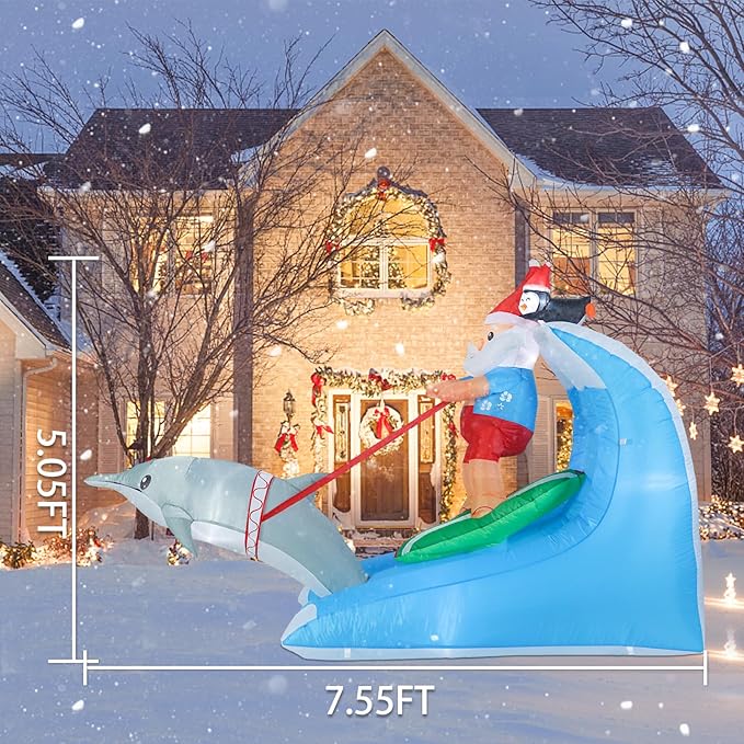 MUMTOP 7.55FT Long Christmas Inflatables Outdoor Decorations, Inflatables Surfing Santa Claus with Penguin Dolphin Blow up Christmas Yard Decoration Built-in LED Lights for Outdoor Party Holiday Decor