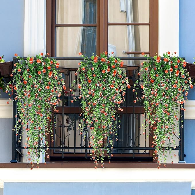 Artificial Hanging Flowers, 3 Pcs Fake Hanging Plants Artificial Vines for Outdoors, Fake Ivy Vine UV Resistant No Fade Faux Plants for Indoor Outside Garden Patio Yard Greenery Decoration (Orange)