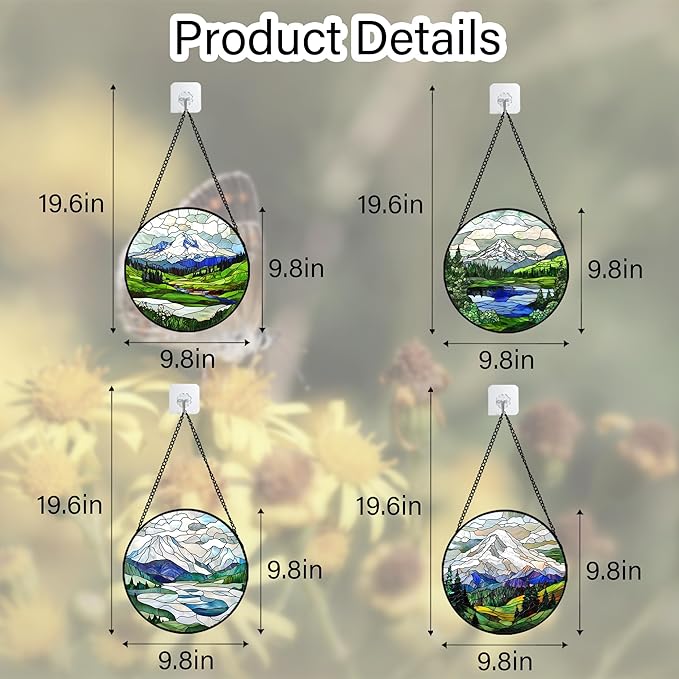 Stained Glass Window Hanging 4 Pcs Set Mountains Lake Green White Landscape 9.8" - Suncatcher Door Garden Sun Catcher Decor Birthday Christmas for Mom Woman Nana Men