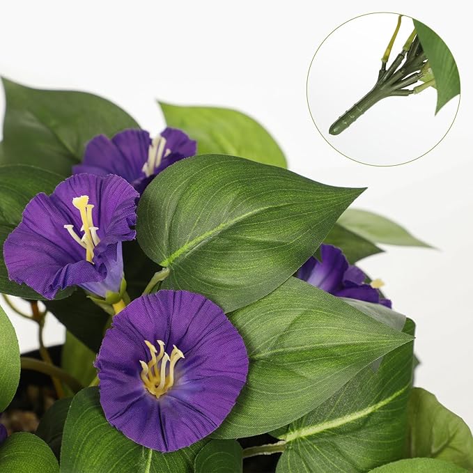 Briful Artificial Hanging Flowers 2 Pack 25.6" Fake Morning Glory Silk Floral Bush Faux Hanging Plants Outdoor Fake Flowers for Home Porch Garden Balcony Decoration(Purple)