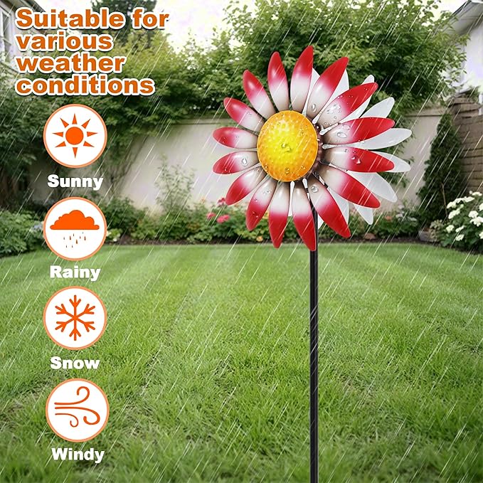 Decorative Metal Garden Daisy-Style Rotator, Decorative Garden Post, Daisy-Style Sculpture Courtyard. Outdoor Courtyard Art. (Red)