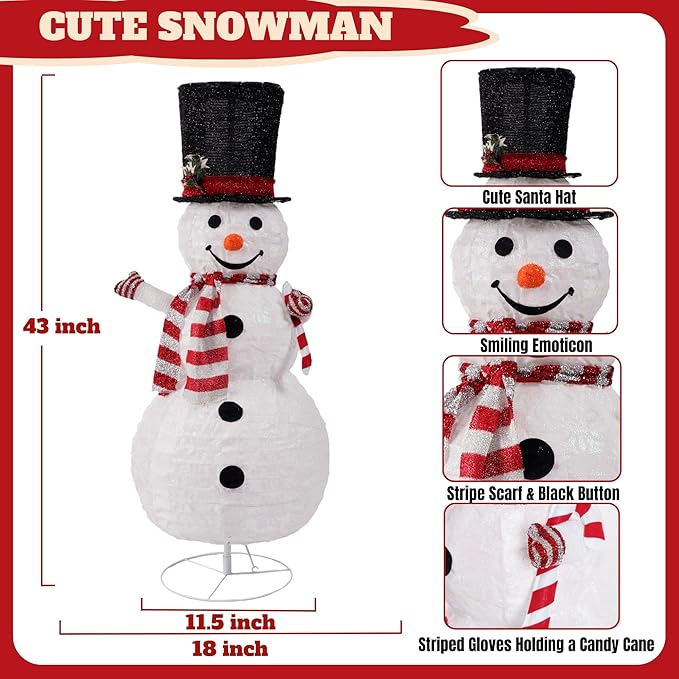 Buheco Light Up Snowman Christmas Decorations Outdoor Lighted Snowmen Indoor Outside Yard Decor 3.6ft Cute Pre Lit Pop Up Collapsible for Lawn Porch Xmas Vacation Party with 48 Led Lights-Metal Stand