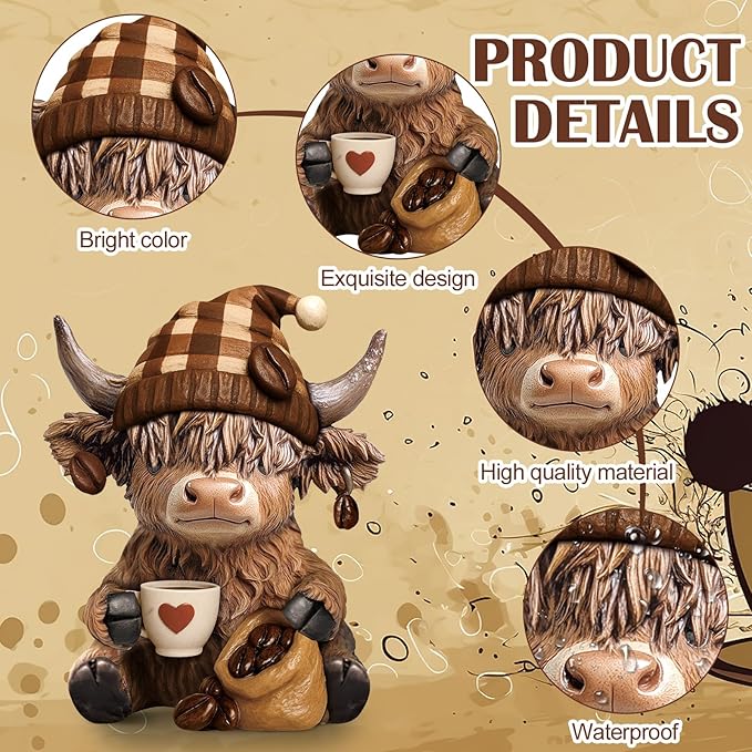 Wesiti 2 Pcs Highland Cow Figurines Coffee Highland Cow Gnomes Scottish Resin Statue Calf Lovers Gifts for Christmas Home Garden Kitchen Office Tiered Tray Table Decor