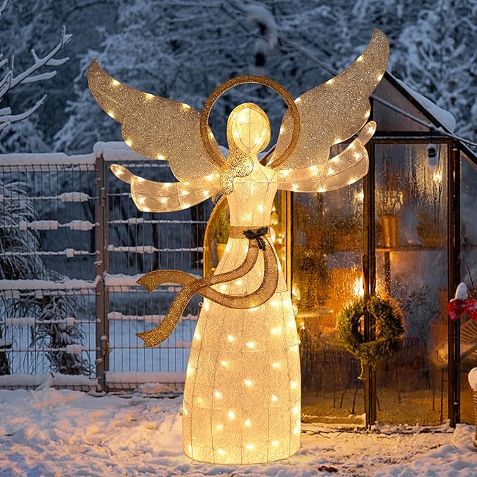 Taman Lighted Christmas Angel, 5.6ft Warm Lights Glittered Angel for Outdoor Christmas Holiday Home Lawn Yard Garden Decoration