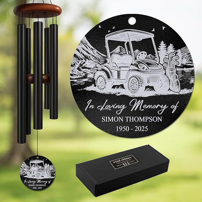 Personalized Golf Cart Memorial Wind Chime – “in Loving Memory” Custom Engraved Name & Years – Golf Lover Sympathy Gift – Outdoor Remembrance Windchime for Loss of Loved One – Memorial Garden Décor