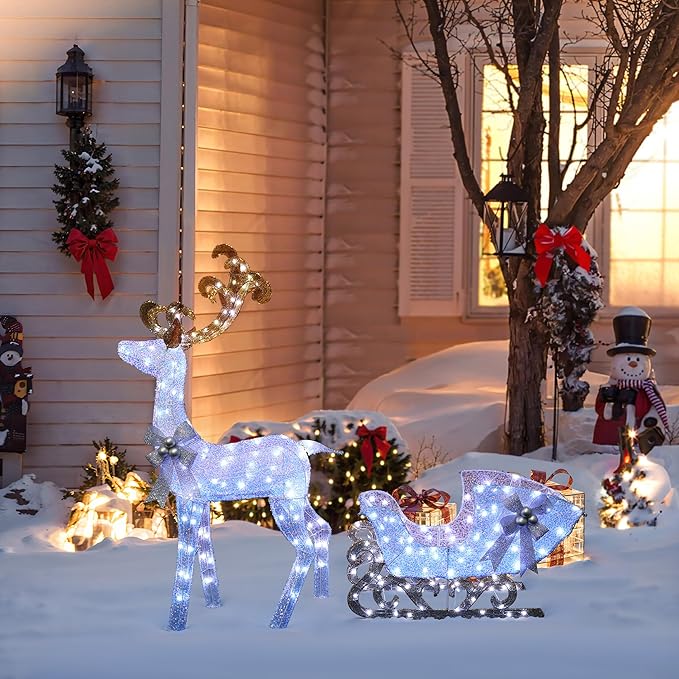 LuxenHome Lighted Reindeer Christmas Outdoor Yard Decorations, Prelit Reindeer and Sleigh Indoor & Outdoor Christmas Decor with 240 LED Lights, Xmas Decorations for Front Porch, Lawn, Garden Display