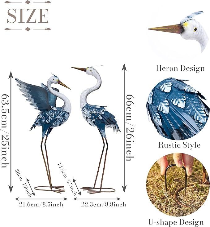 TERESA'S COLLECTIONS Yard Decorations Outdoor Garden Statues, Blue Metal Crane Yard Art, 25-26" Lawn Ornaments for Backyard,Outside Porch,Patio,Heron Decoy Bird Garden Decor,Set of 2,Gifts for Mom