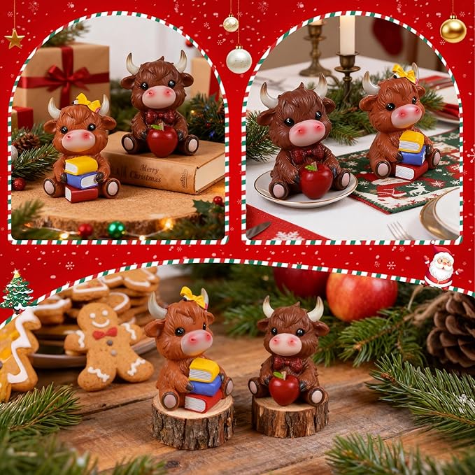 2PCS Cute Highland Cow Figurine Resin Cow Gnomes Statue for School Classroom Highland Cows Desk Decoration Book Shelf Decor Kids Students Book Lover Gifts