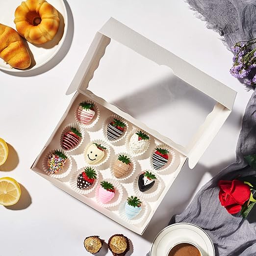 50PCS 10 x 7 x 2.5 inches One Piece White Bakery Boxes, Strawberry Boxes, Elegant White Cookie Boxes with Display Window