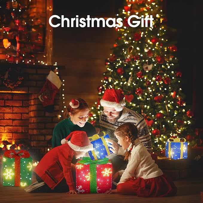 Christmas Lighted Gift Boxes, Set of 3 Light Up Boxes Set, Holiday Decorations, Battery Operated 8 Light Modes for Holiday Indoor Outdoor Christmas Tree, Yard, Home Decor