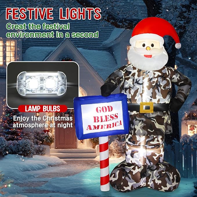 Christmas Inflatable Outdoor Decoration, 7FT Inflatables Camouflage Santa Claus Yard Decor with Hat & Sign, LED Light Blow up Giant Holiday Decoration for Indoor Outside Lawn Garden Soldier Army Gift