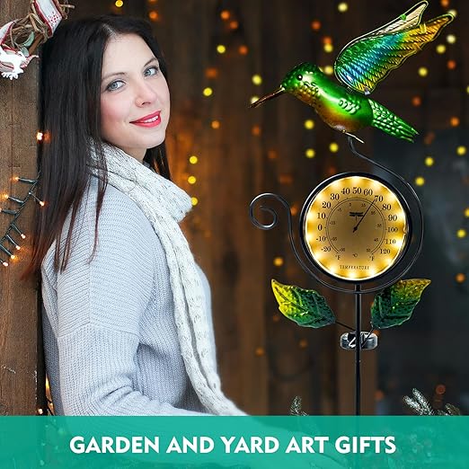 HONGLAND Outdoor Thermometer with Solar & Warm LED Lights, Metal Hummingbird Temperature Stake for Garden, Lawn, Patio, Waterproof Yard Decor