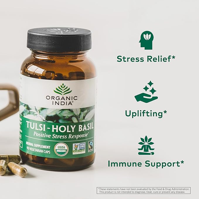 ORGANIC INDIA Tulsi Herbal Supplement - Holy Basil, Immune Support, Adaptogen, Supports Healthy Stress Response, Vegan, Gluten-Free, Kosher, USDA Certified Organic, Non-GMO - 90 Capsules