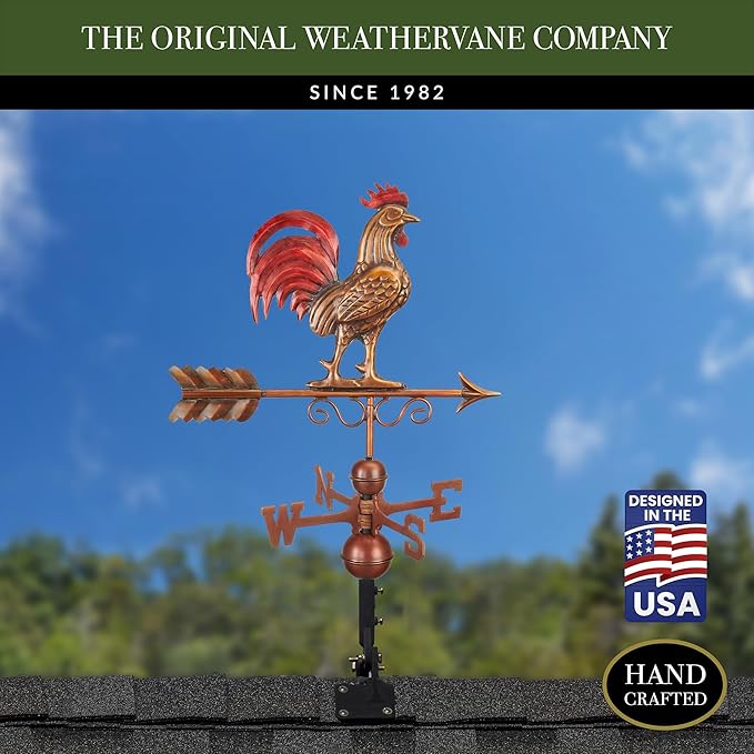 Good Directions Bantam Red Rooster Copper Weathervane, Hand Finished Multi Color Patina
