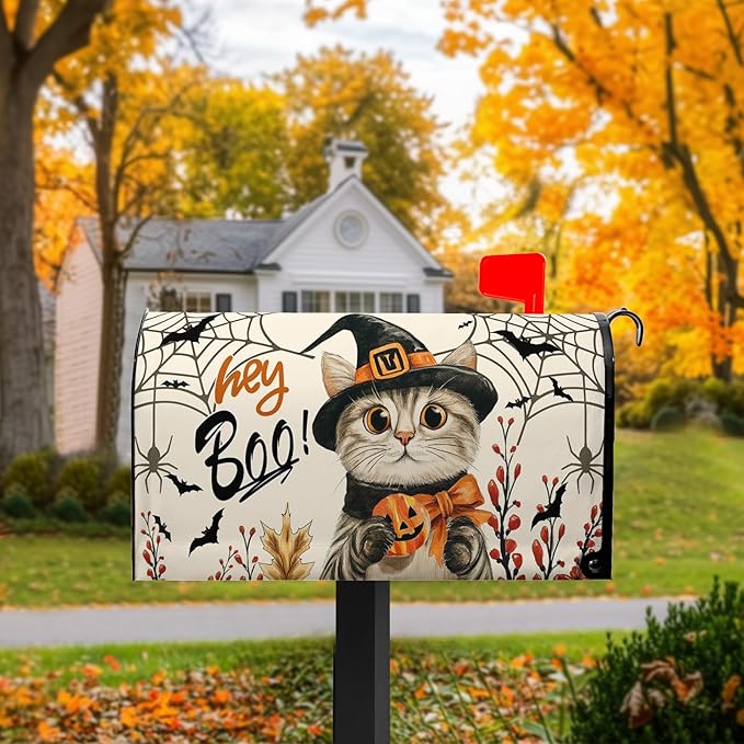 Hey Boo Cat Mail Box Covers Halloween Mailbox Cover Spider Web Pumpkin Mailbox Wraps Magnetic Standard Size 21x18 inch Decorative Mailboxes for Outside Farmhouse Garden Decor