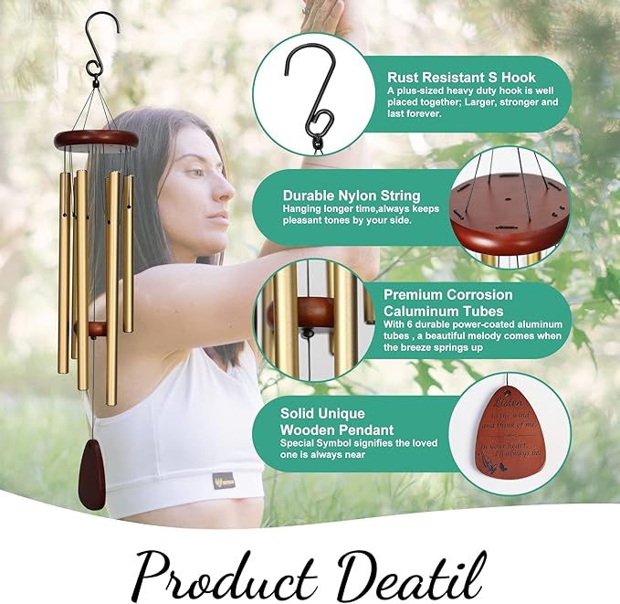 Sympathy Wind Chimes, Memorial Wind Chimes for Loss of Loved One, Bereavement Gift in Memory of Loved One, Memorial Gifts for Loss of Mother Father Condolence Remembrance - Gold
