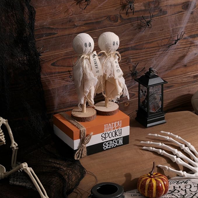 Halloween Decorations Indoor, 1 Set of Happy Spooky Season Wood Faux Books Stack,2 Primitive Halloween Ghosts on Wood Stand & 1 Black Cat Centerpiece for Tiered Tray Table Shelf Decor
