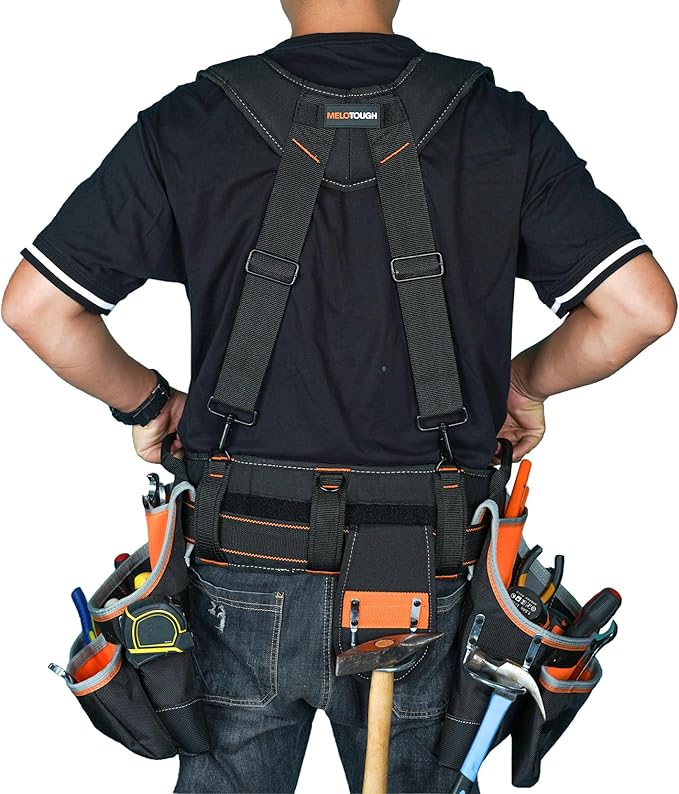 MELOTOUGH Pro Framer Combo System Tool Belt with Suspenders Construction Tool Pouch Builder Heavy Duty Carpenter Suspension Rig Tool Belt and Multi Function for electrician, roofing,contractor