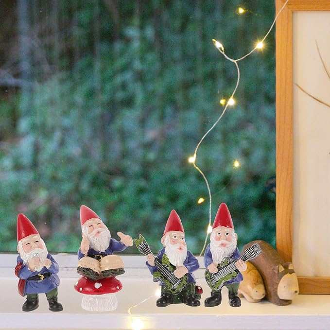 SUPVOX Gnomes Fairy Resin Statues: Happy Gnomes Dancing Celebration Musical Band Garden Gnome Set Mini Gnome Statue Miniature Fairy Gardens Micro Landscape Dwarfs Statue Ornaments 4pcs