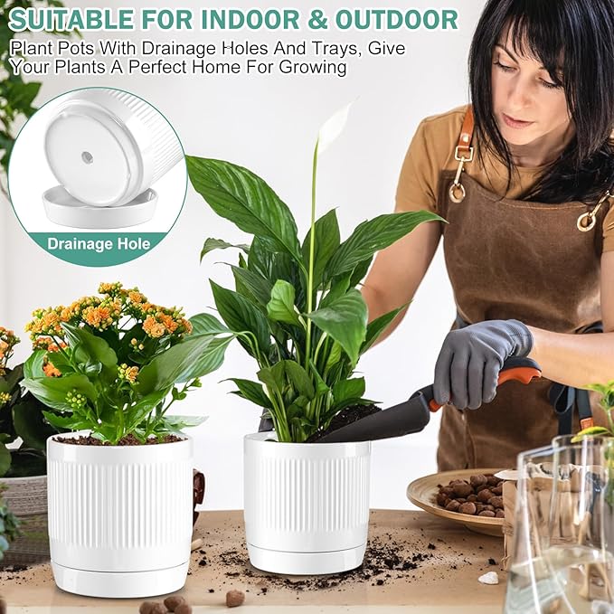 Vanavazon Ceramic Planter Pots for Indoor Plants with Drainage Hole and Saucer,6 Inch Cylinder Plant Pots,Glazed Finish Interior and Exterior,Set of 2 (White)