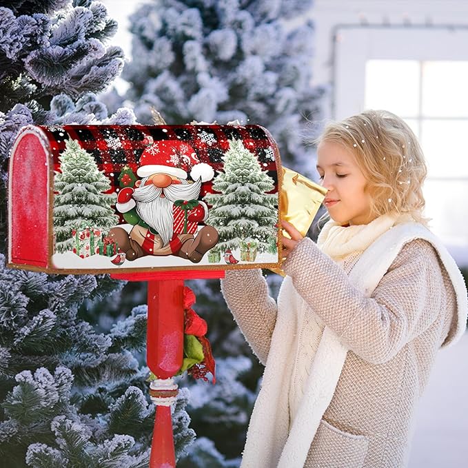 Christmas Mailbox Cover Magnetic Red Buffalo Plaid Gnome Mailbox Covers Magnetic Standard Size 21" X 25.5" Snowflake Mailbox Post Cover Letter Box Cover Home Garden Decor for Outside Decoration
