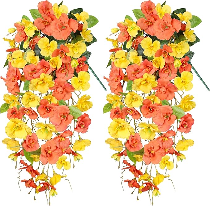 Artificial Hibiscus Fake Hanging Flowers Plants for Outdoors Fall Autumn Decoration, 2pcs Silk Hibiscus Trailing Vines UV Resistant Realistic Faux Flowers for Outside Front Door Porch Yard Indoor, Mix