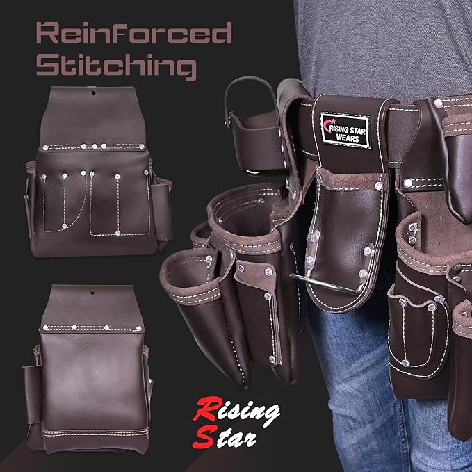 100% Leather Electrician Tool Pouch with Adjustable Belt,Stylish Tool Bag for Waist with 19 Pockets, Perfect for Carpenters,Plumbers, Electricians,Craftsmen,and Handymen