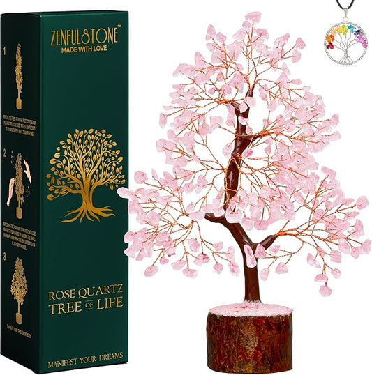 ZENFULSTONE Rose Quartz Crystal Tree of Life for Love & Healing Décor for Home and Office | Handmade Bonsai for Emotional Support & Harmony as Symbol of Piece for Loved Ones