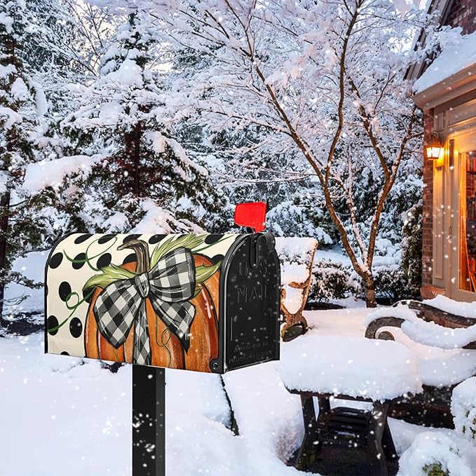 Fall Mailbox Covers Magnetic Pumpkin Mail Box Cover Standard Size 21x18 inch Autumn Polka Dot Mailbox Wrap Bowknot Buffalo Plaid Decorative Mailboxes for Outside Garden Yard