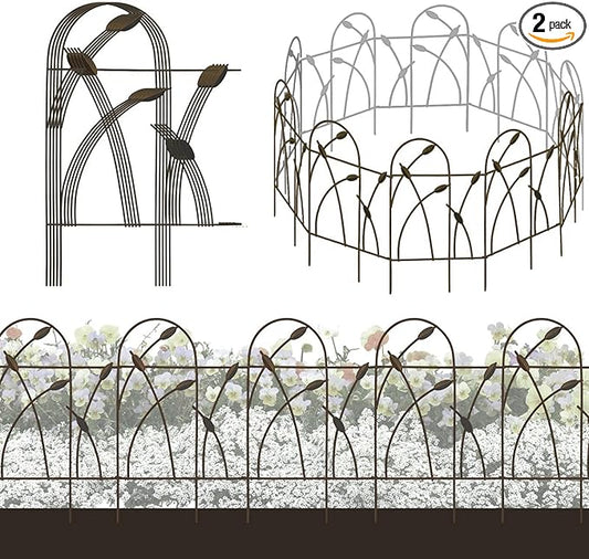 Metal Decorative Garden Fence Border, 32 in x 16 ft,Rustproof Wrought Iron Landscape Fencing for Flower Bed, Trees (Dark Brown)
