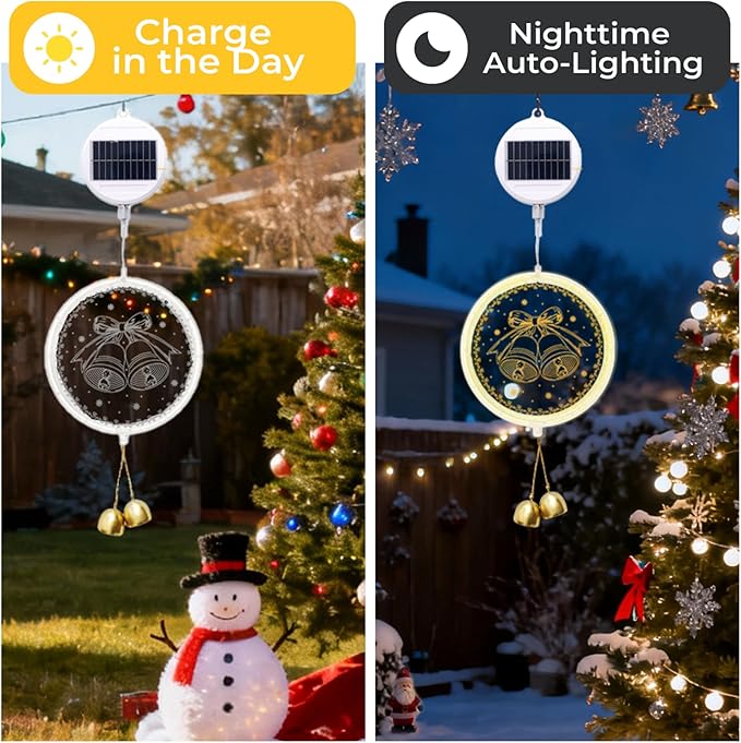 Solar Hanging Lights - Outdoor Indoor Christmas Decorations for Window, Garden, Patio, Porch,Holiday Home Decor, (Jingle Bell)