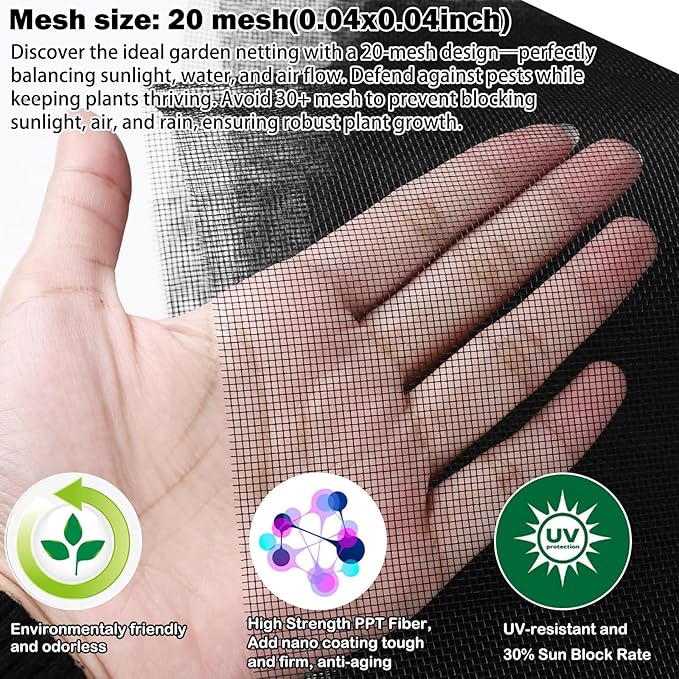 Abimars Thicker Garden Mesh Netting, 6.6’ x 33’ Ultra Fine Black Plant Row Covers for Vegetables Plants Fruits Flowers Protection, Nano PPT, Shading Rate 30%