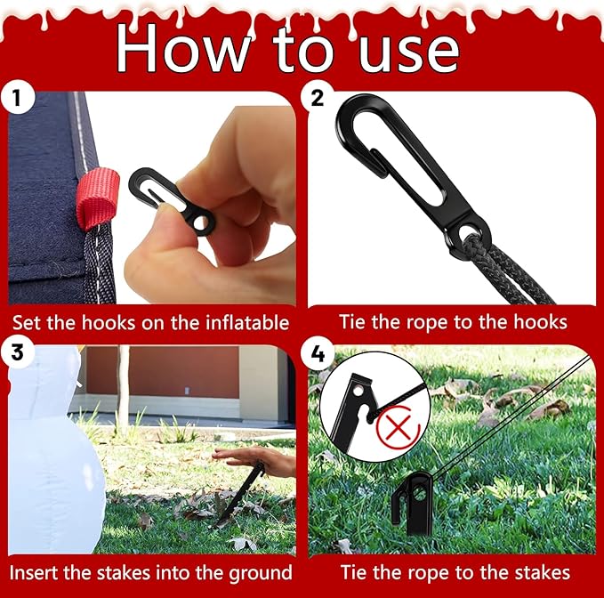 33Pcs Inflatable Stakes and Tether, Heavy Duty Plastic Tent Stakes with Hooks for Inflatables Spikes Replacement Halloween Christmas Holiday Inflatable Decoration Accessories for Garden Home Lawn