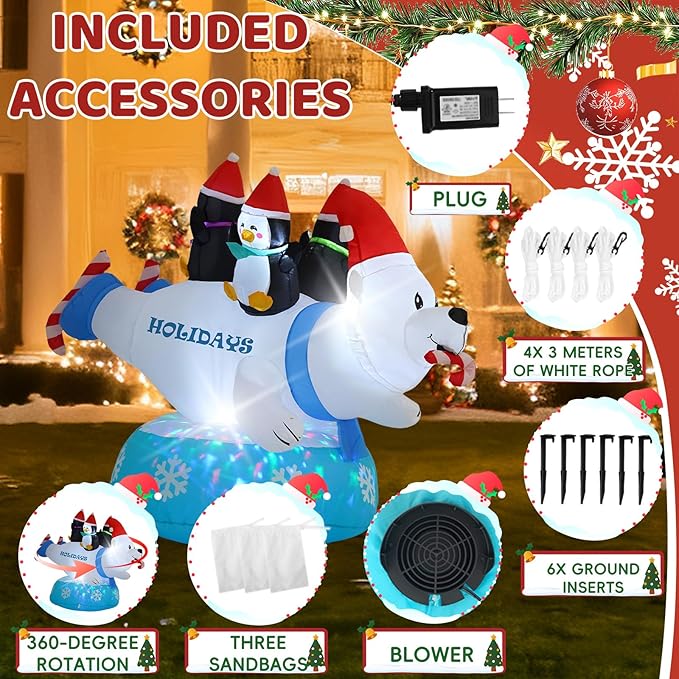 6FT Polar Bear Inflatable Decoration with Built-in LED Lights and Colorful Flashing Lights, Christmas Outdoor Inflatable Decoration for Lawn, Yard, Garden, Patio