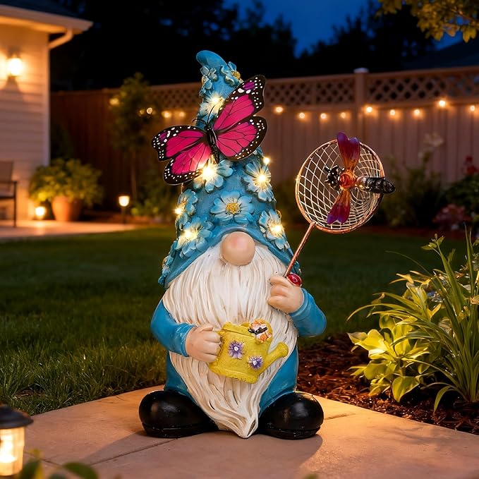Garden Gnome Statues Outdoor Decor Solar Gnomes with Butterfly on LED Lighted Flowers, Resin Blue Gnomes Sculpture for Patio Yard Lawn Onament Decoration